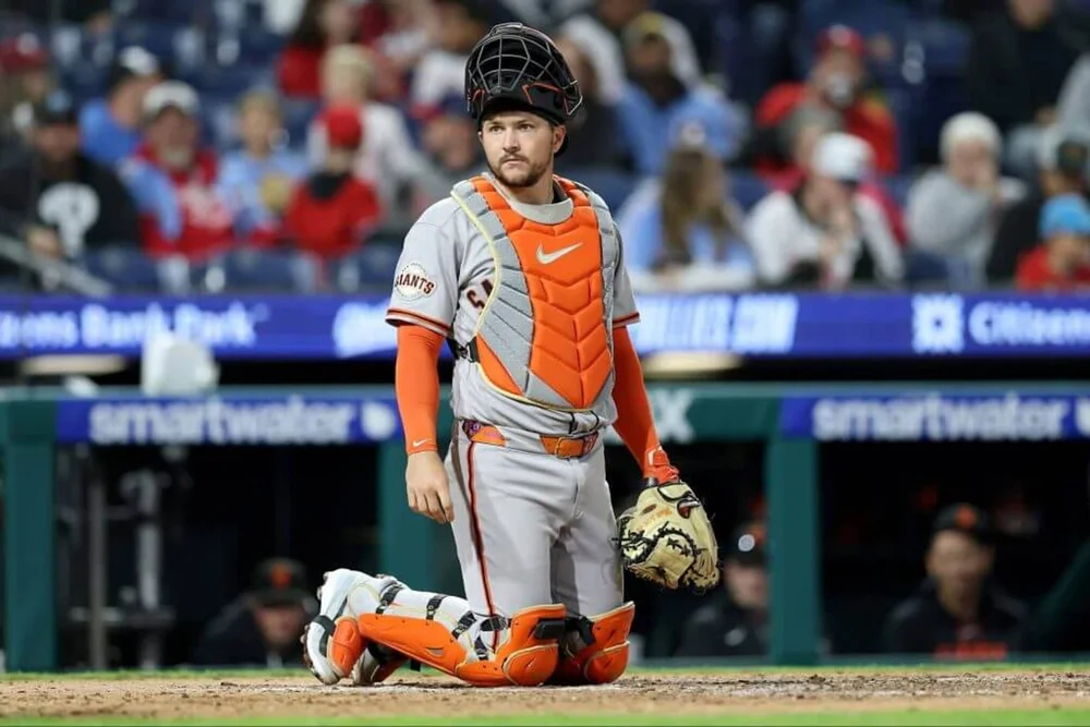 Patrick Bailey of the San Francisco Giants looks on during a game on April 28.