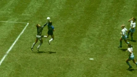 Diego Maradona outjumps England goalkeeper Peter Shilton to score with his ‘Hand of God’ goal during the 1986 World Cup quarter-final in Mexico City.